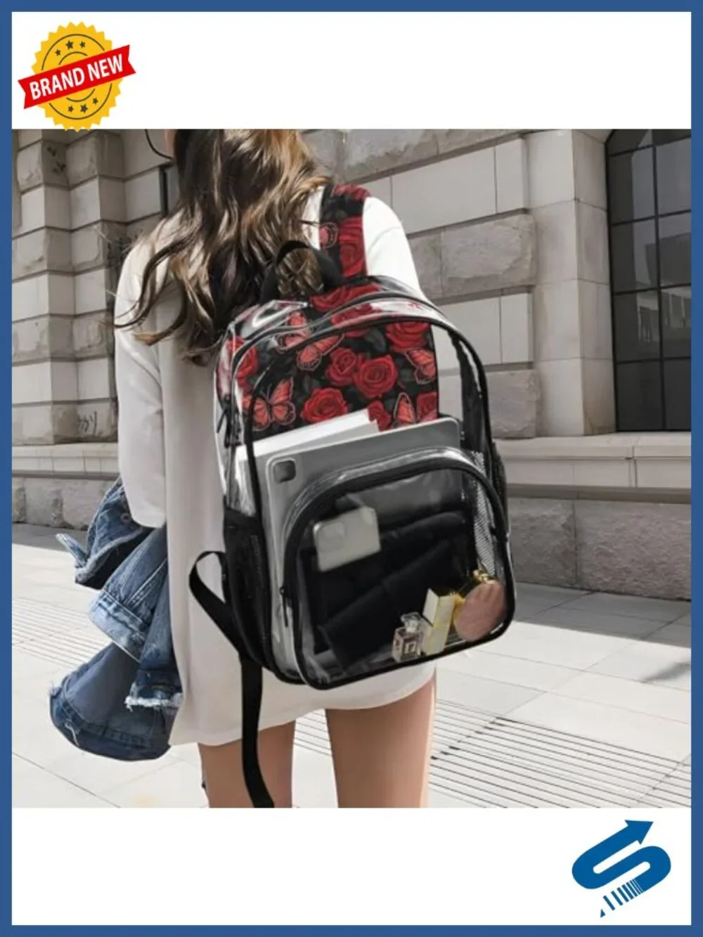 Clear PVC Backpack with Rose and Butterfly Design, Transparent Daypack for